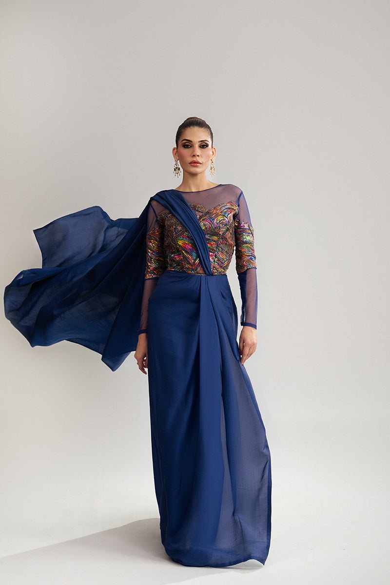 Pakistani Navy Sequin Net & Raw Silk Cape Dress (2-Piece) - Image 1