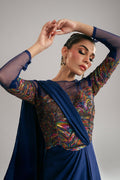 Pakistani Navy Sequin Net & Raw Silk Cape Dress (2-Piece) - Image 4