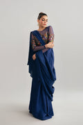 Pakistani Navy Sequin Net & Raw Silk Cape Dress (2-Piece) - Image 7