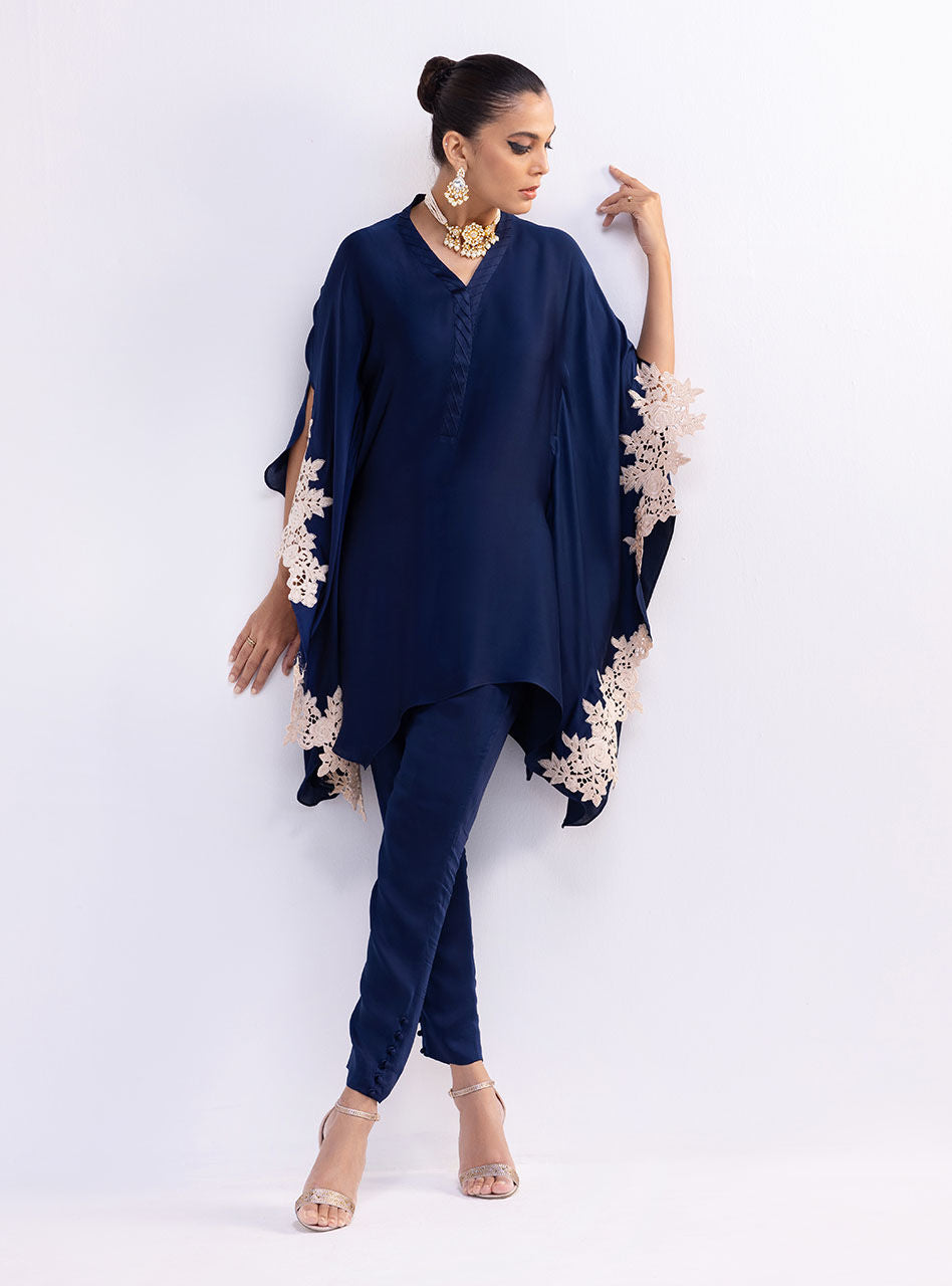 Navy Floral Lace Silk Cape Dress (2-Piece) - Image 6