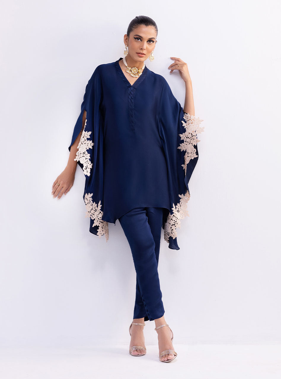 Navy Floral Lace Silk Cape Dress (2-Piece) - Image 7