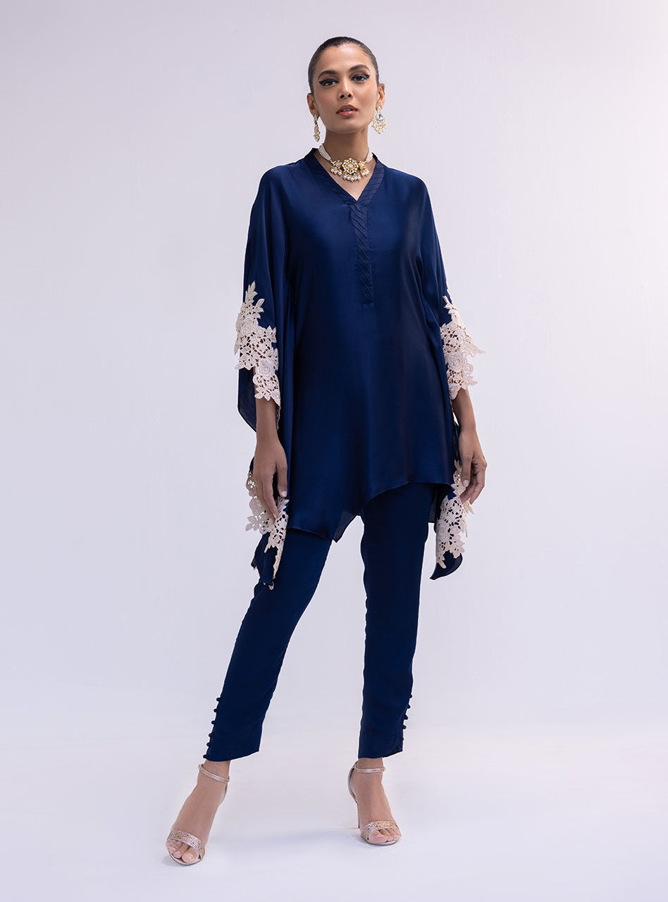 Pakistani Navy Blue Lace Appliqué Silk Cape Dress (2-Piece) - Image 1