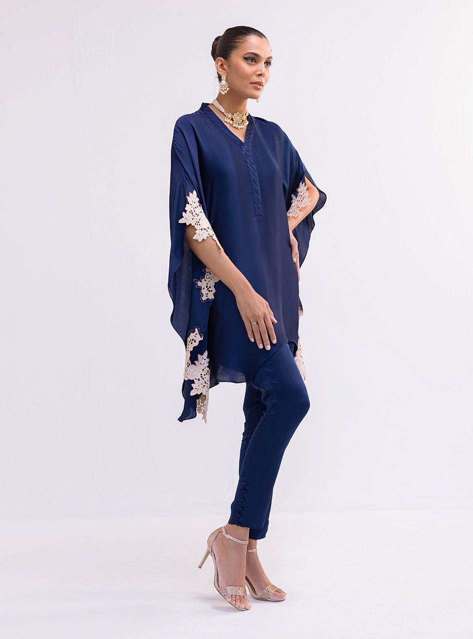Pakistani Navy Blue Lace Appliqué Silk Cape Dress (2-Piece) - Image 2