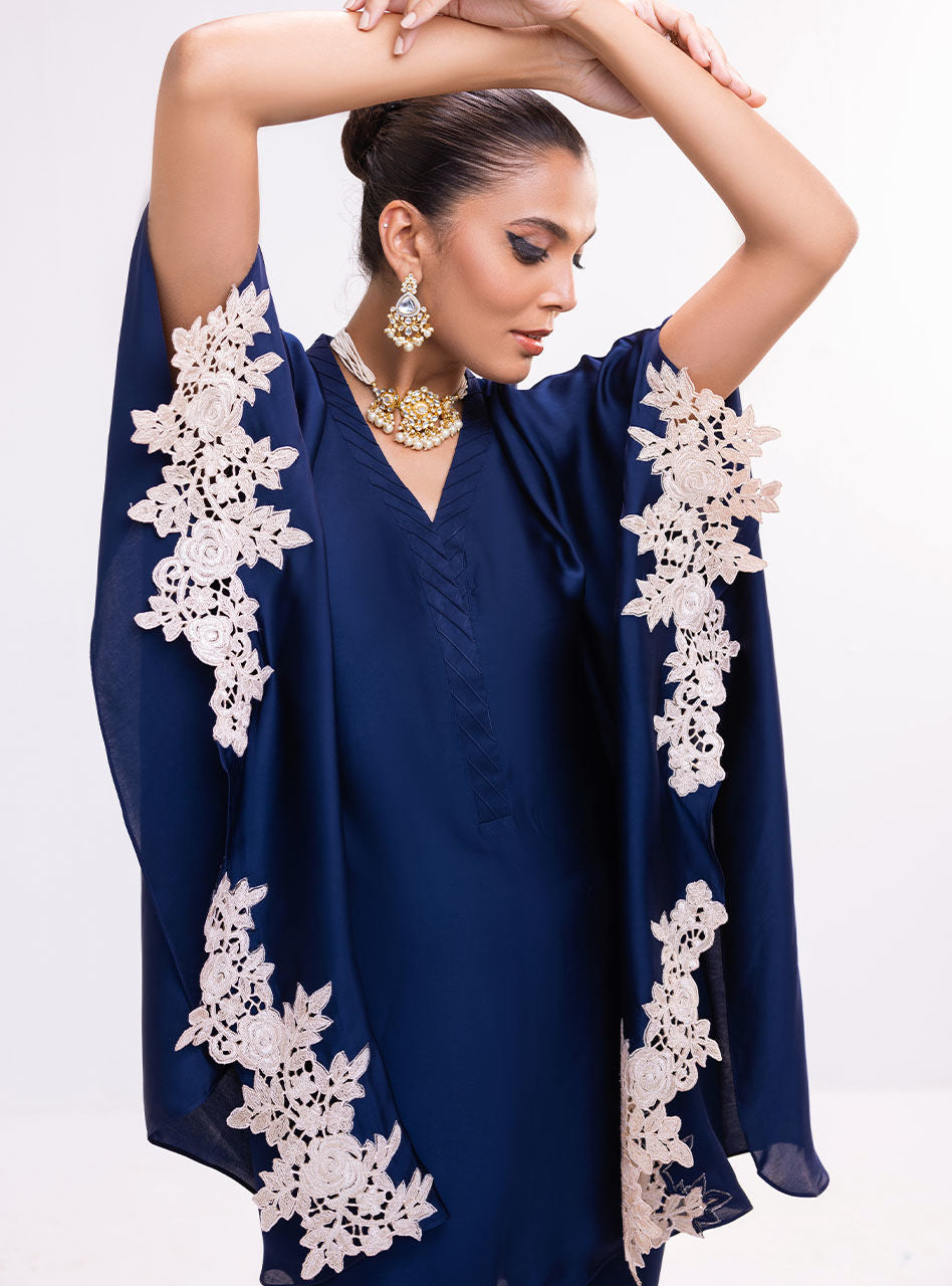 Pakistani Navy Blue Lace Appliqué Silk Cape Dress (2-Piece) - Image 3