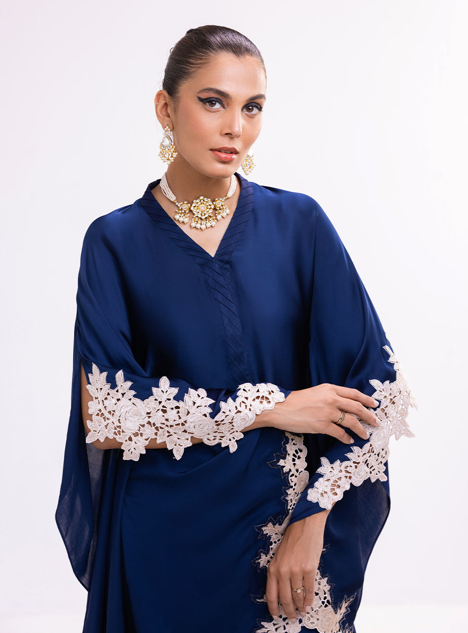 Pakistani Navy Blue Lace Appliqué Silk Cape Dress (2-Piece) - Image 4