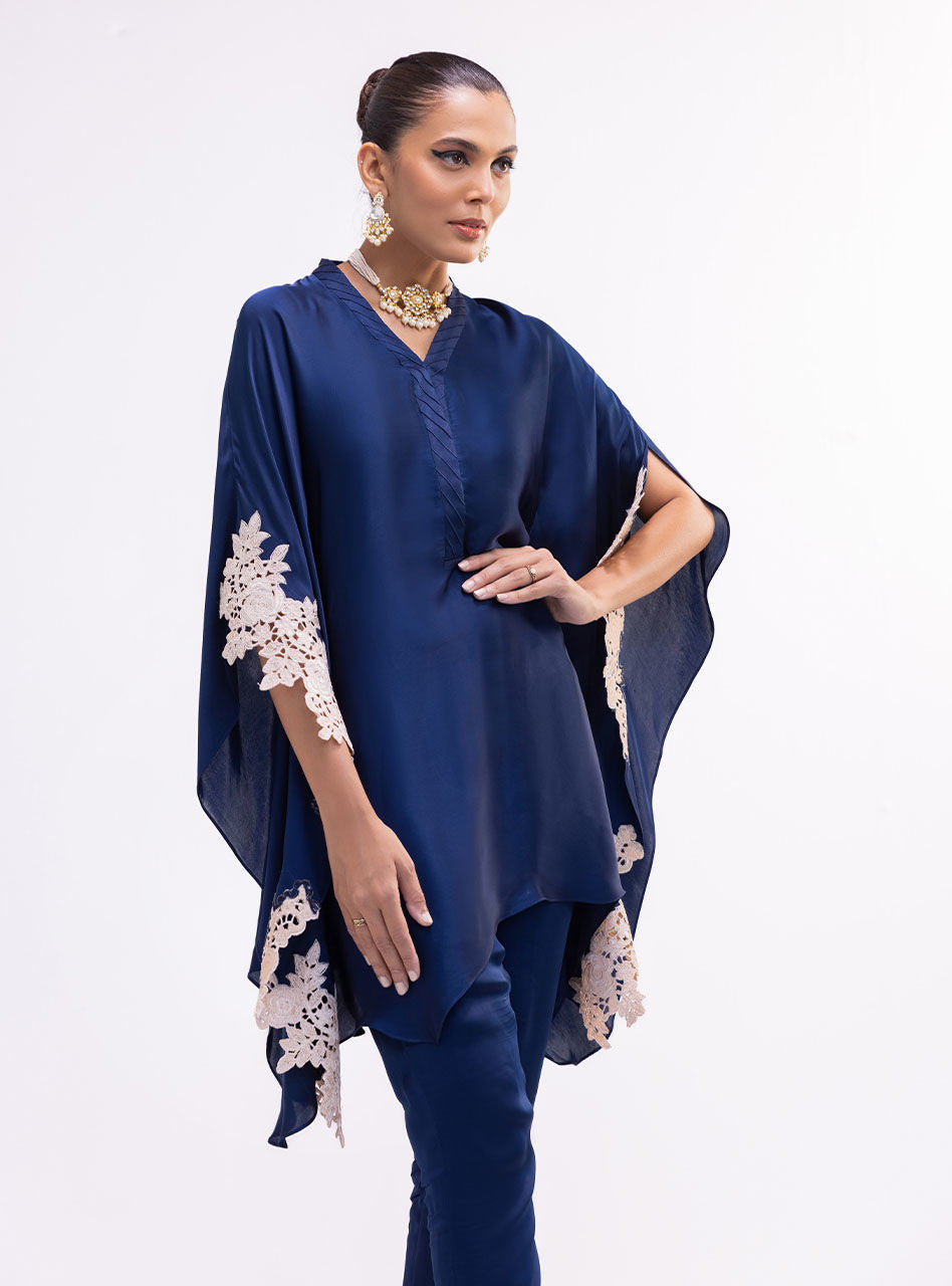 Pakistani Navy Blue Lace Appliqué Silk Cape Dress (2-Piece) - Image 5