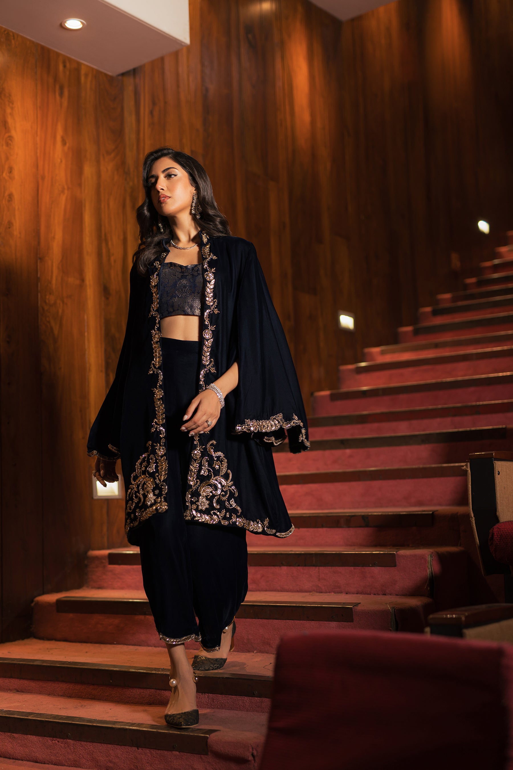 Navy Blue Mukesh Zardozi Velvet & Jamawar Jacket (3-Piece) - Image 2