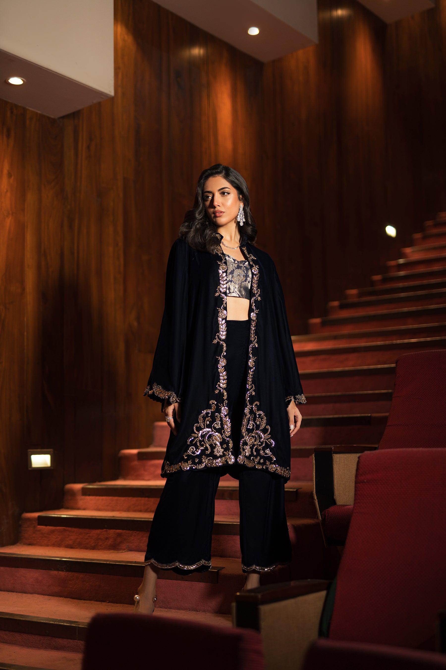 Navy Blue Mukesh Zardozi Velvet & Jamawar Jacket (3-Piece) - Image 5