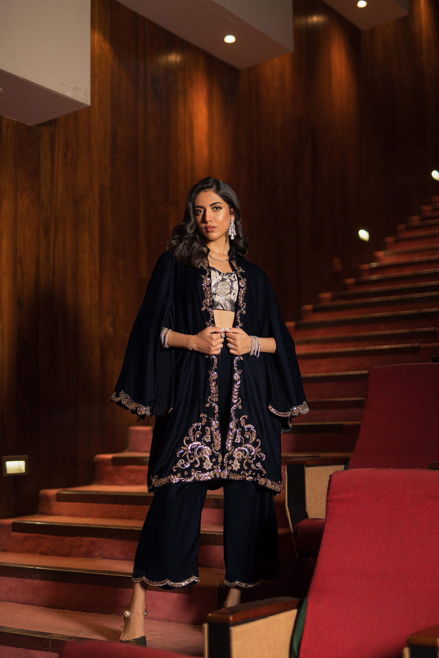 Navy Blue Mukesh Zardozi Velvet & Jamawar Jacket (3-Piece) - Image 6