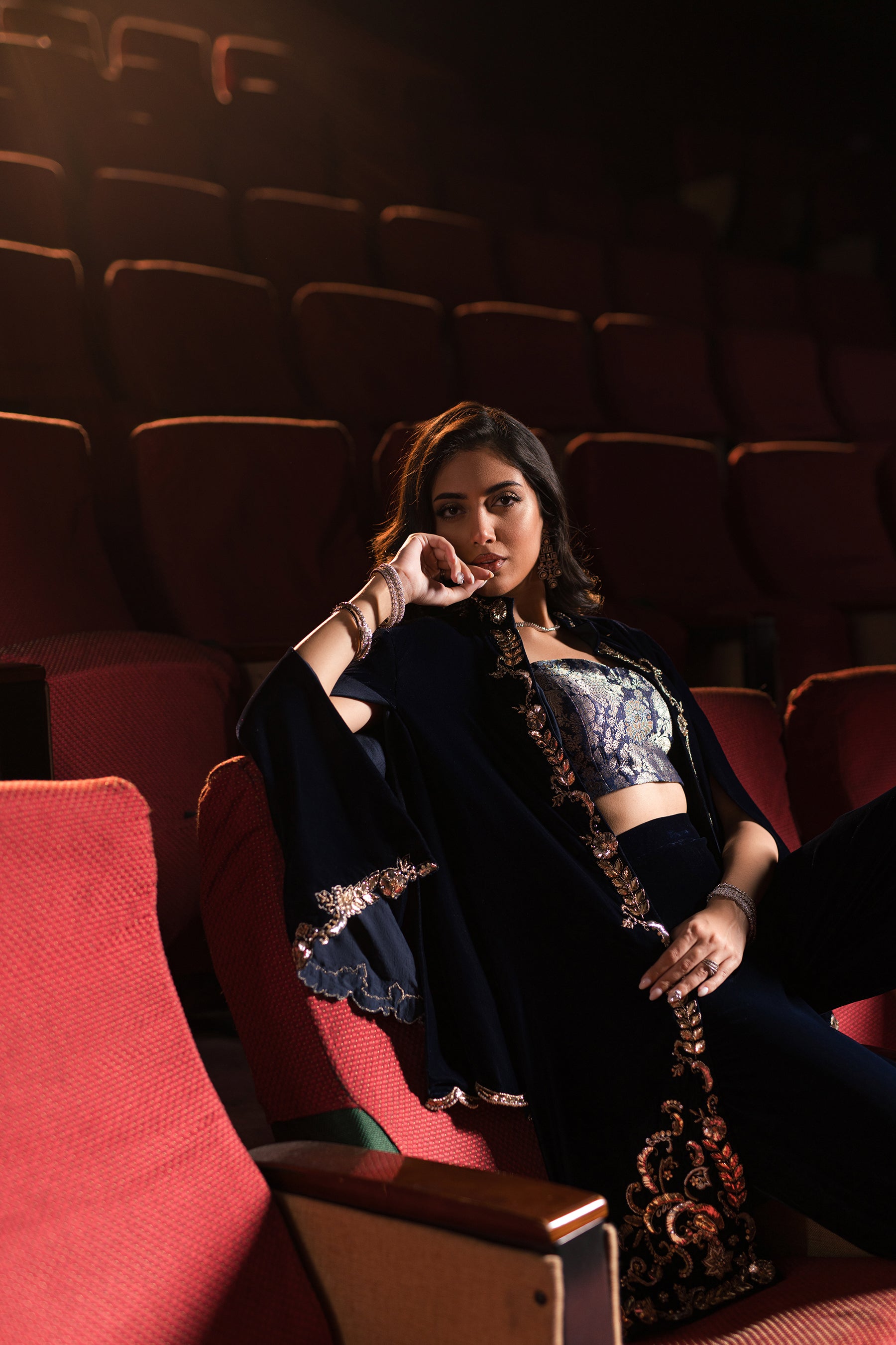 Navy Blue Mukesh Zardozi Velvet & Jamawar Jacket (3-Piece) - Image 8