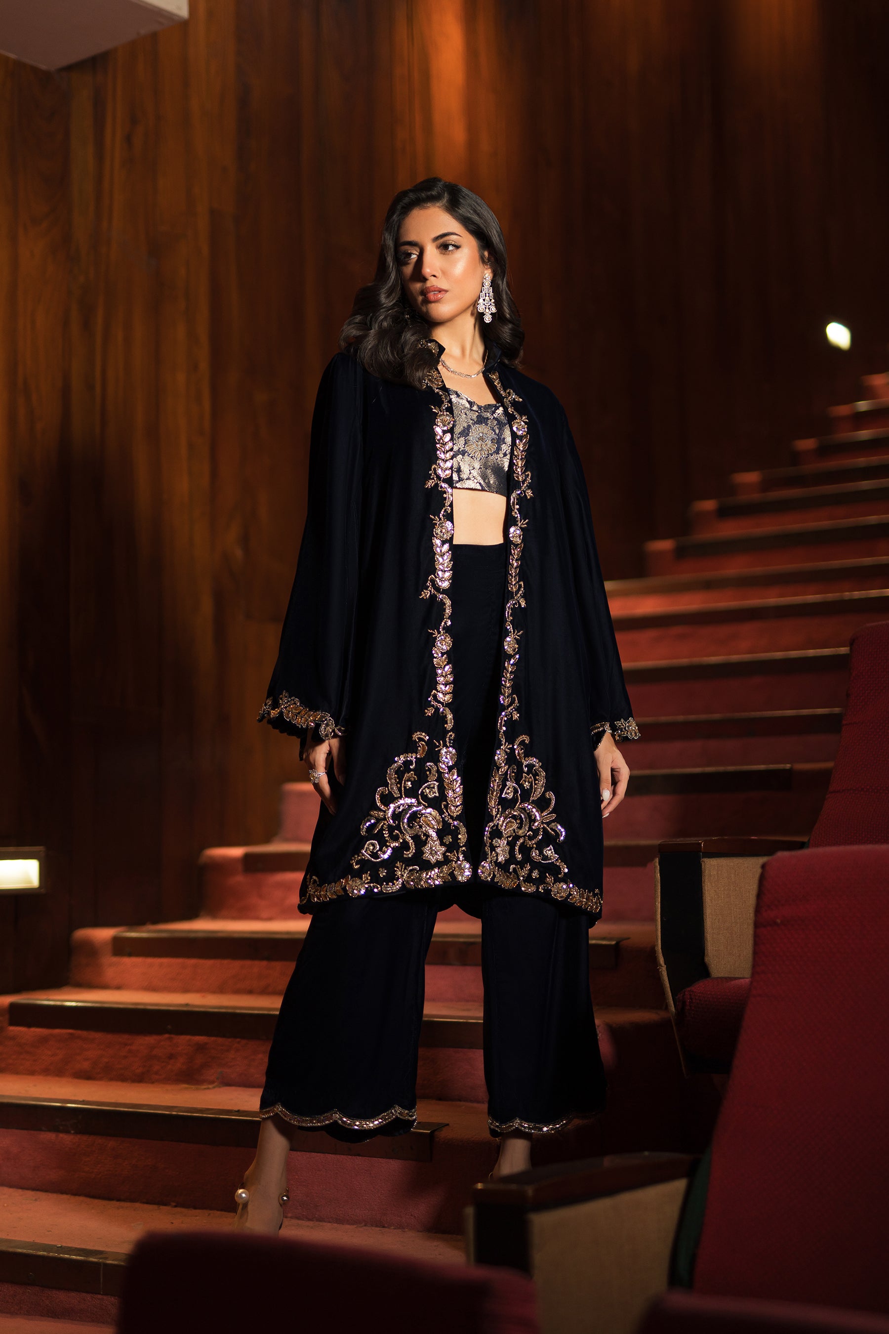 Pakistani Navy Blue Mukesh Zardozi Velvet Cape Jacket (3-Piece) - Image 1