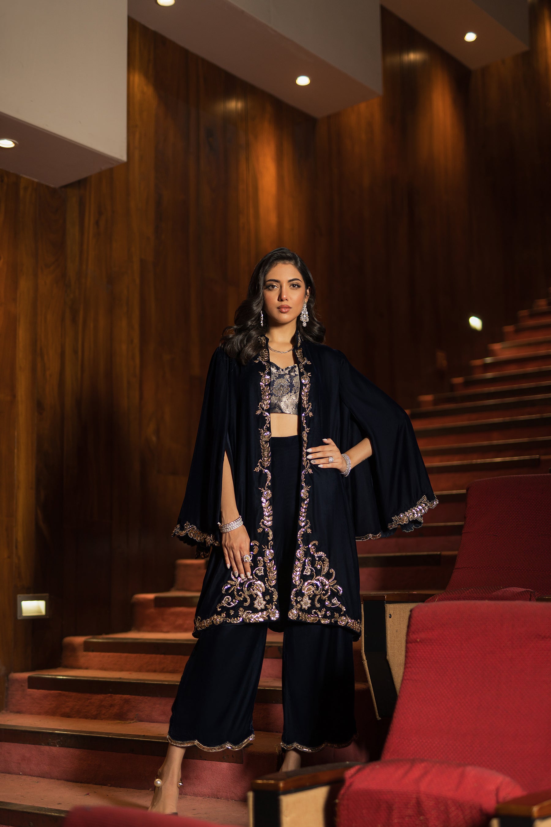 Navy Blue Zardozi Velvet & Jamawar Cape Jacket (3-Piece) - Image 7