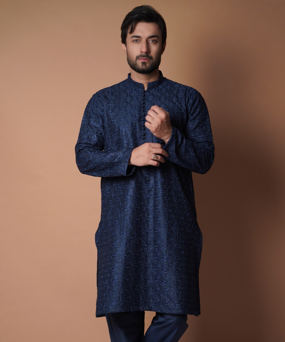 Navy Blue Chikankari Cotton Kurta Set (2-Piece) - Image 1