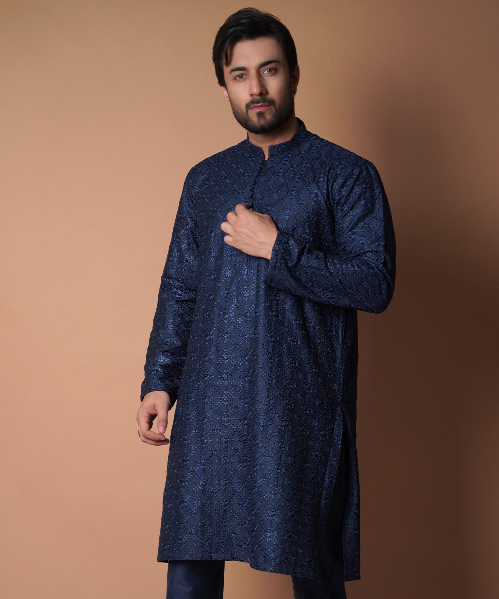 Navy Blue Chikankari Cotton Kurta Set (2-Piece) - Image 2