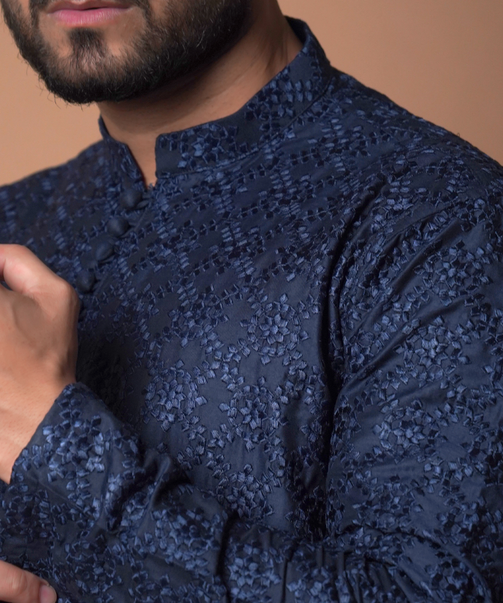 Navy Blue Chikankari Cotton Kurta Set (2-Piece) - Image 3