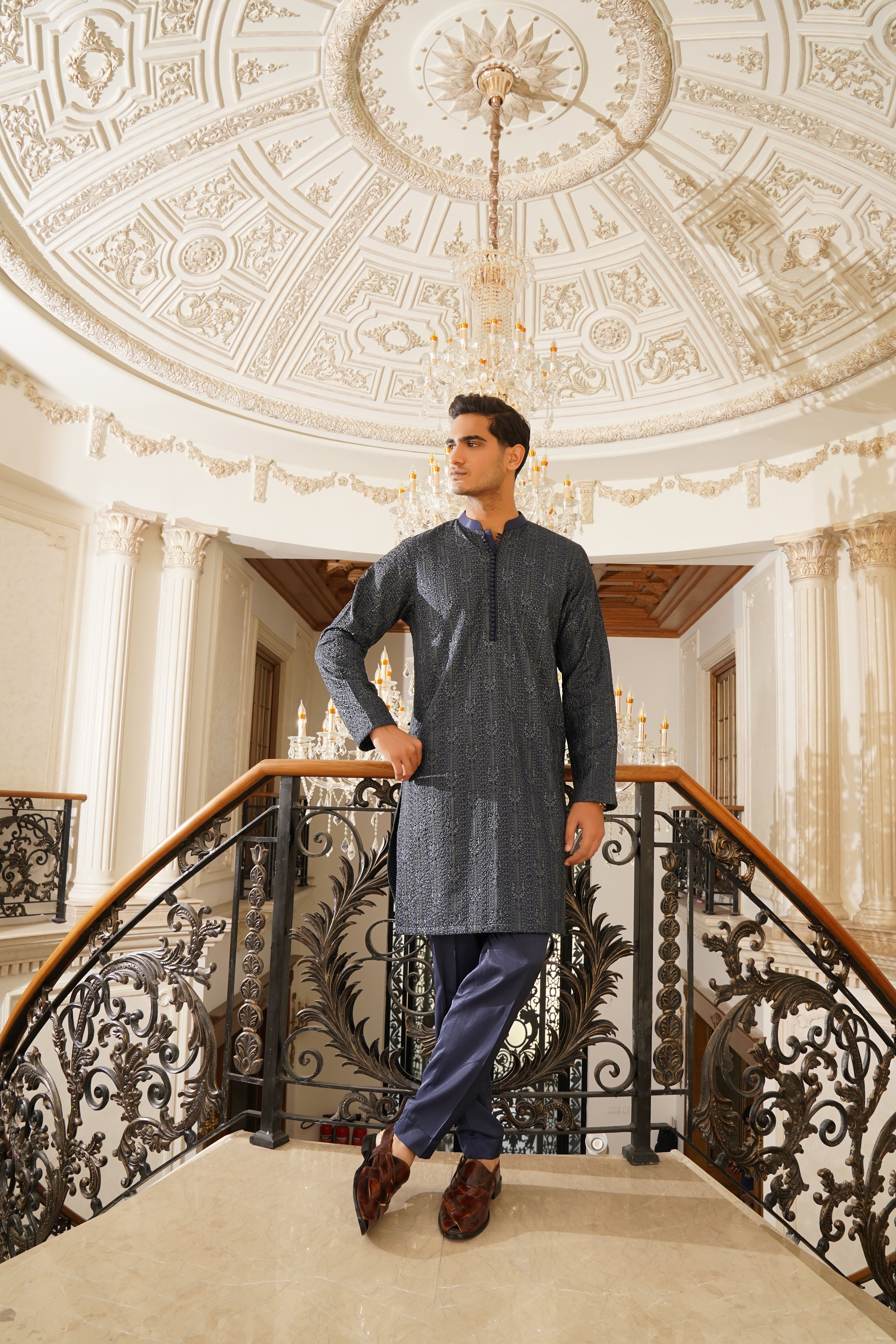 Navy Blue Embroidered Cotton-Silk Kurta (2-Piece) - Image 1
