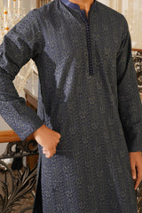 Navy Blue Embroidered Cotton-Silk Kurta (2-Piece) - Image 2