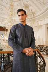 Navy Blue Embroidered Cotton-Silk Kurta (2-Piece) - Image 3