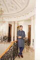 Navy Blue Embroidered Cotton-Silk Kurta (2-Piece) - Image 4