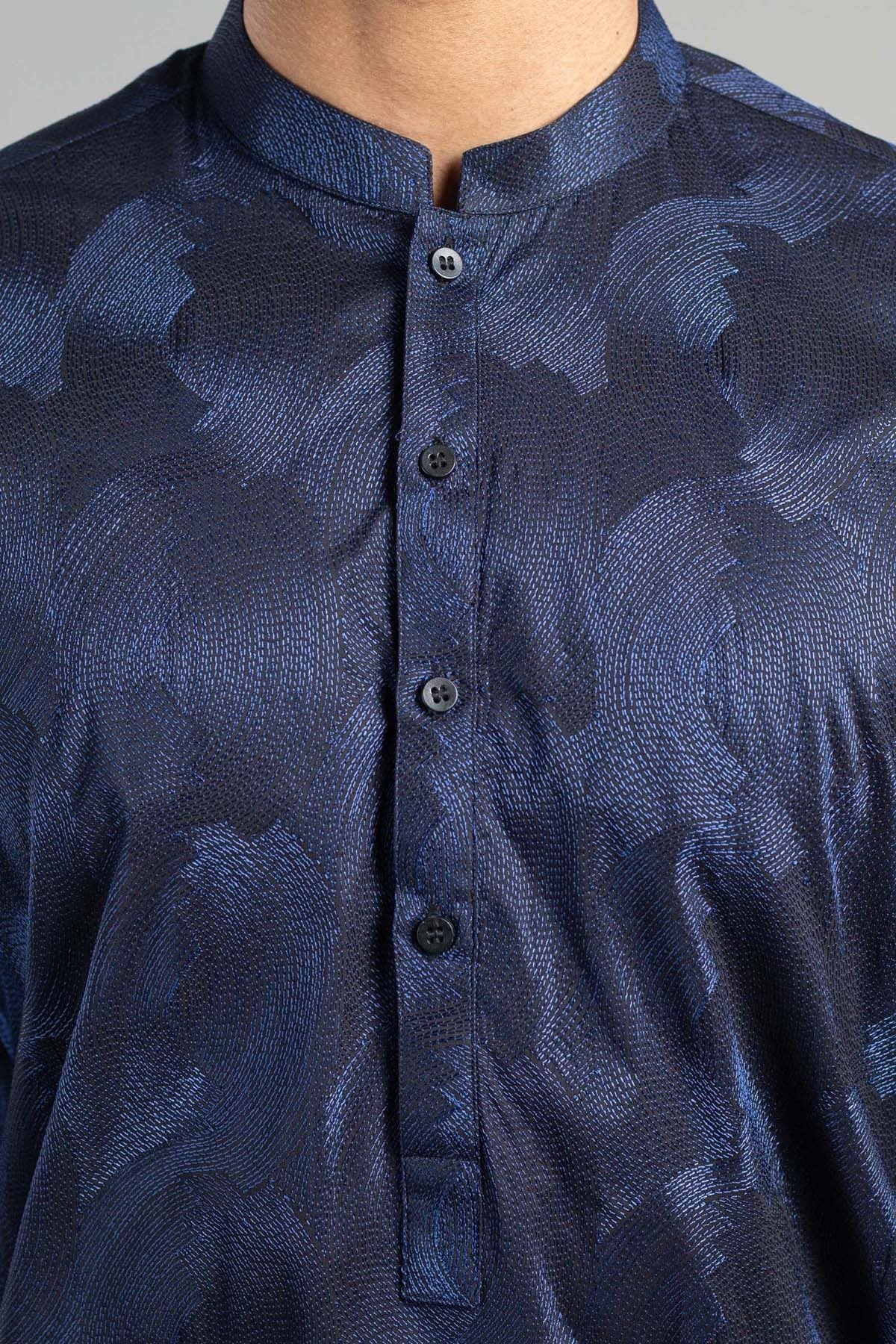 Navy Blue Embroidered Egyptian Cotton Kurta (1-Pc) - Image 1