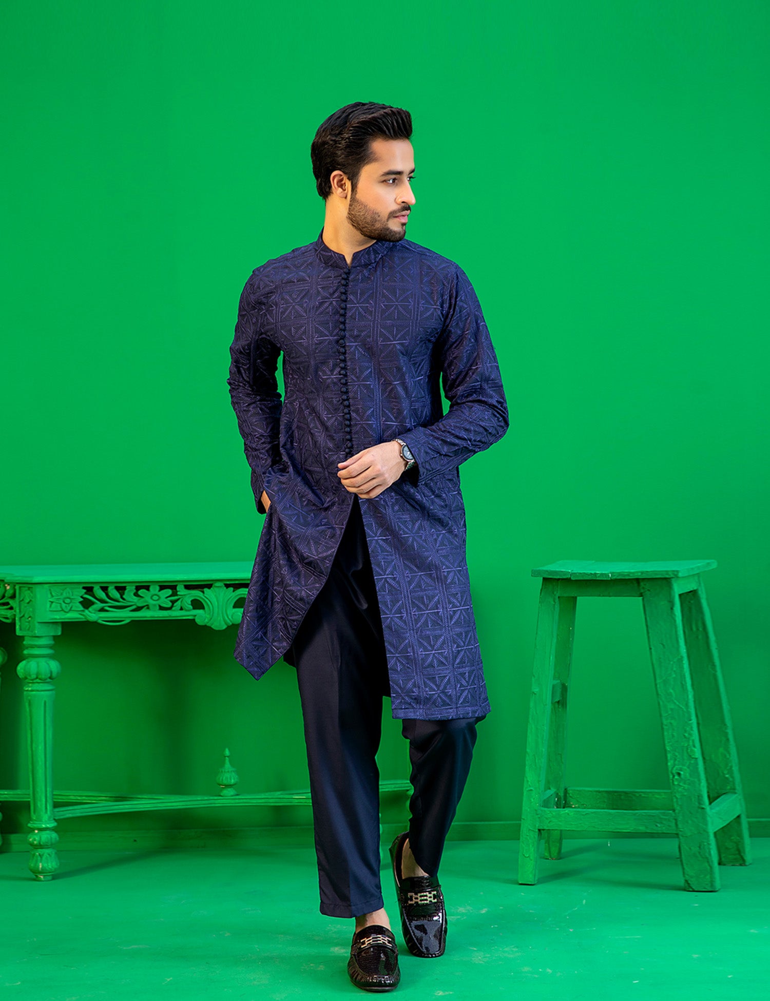 Navy Blue Embroidered Washing Wear Kurta (2-Piece) - Image 1