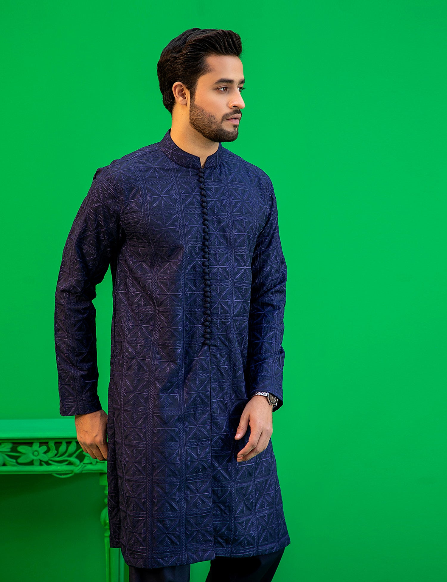 Navy Blue Embroidered Washing Wear Kurta (2-Piece) - Image 3