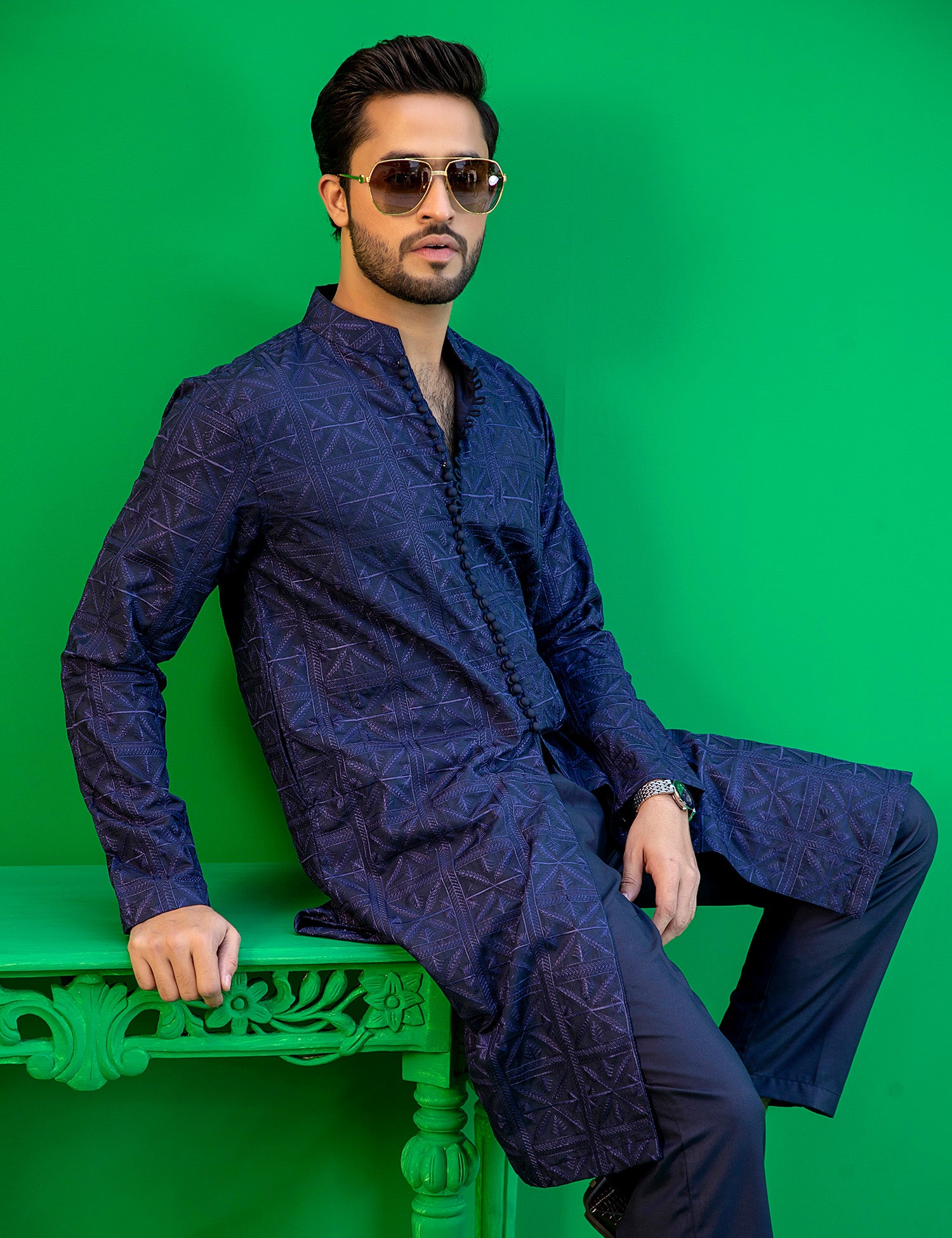 Navy Blue Embroidered Washing Wear Kurta (2-Piece) - Image 6