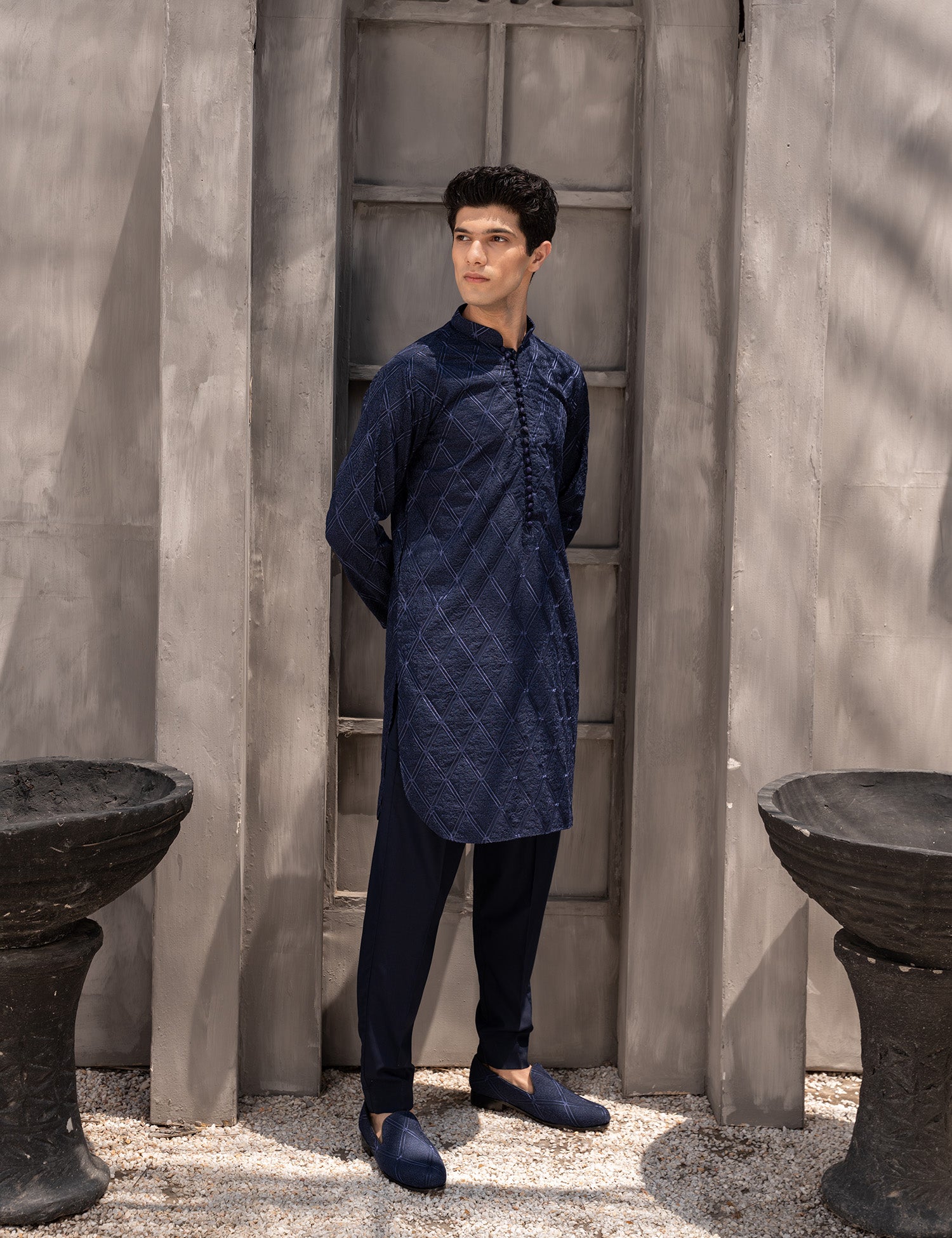 Navy Blue Embroidered Wash & Wear Kurta Pajama (2-Piece) - Image 1