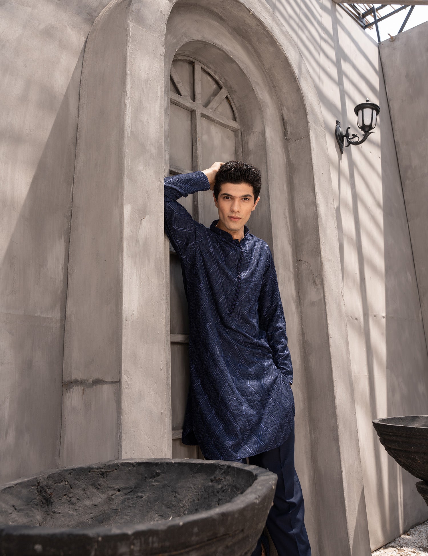 Navy Blue Embroidered Wash & Wear Kurta Pajama (2-Piece) - Image 3