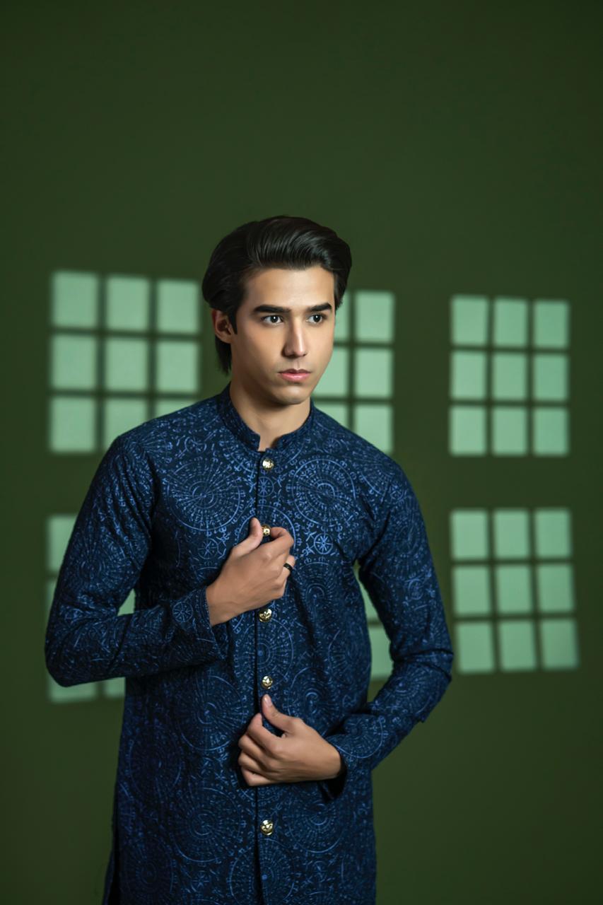 Navy Blue Embroidered Wash & Wear Kurta (2-Piece) - Image 2