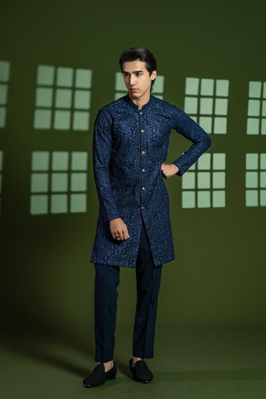 Navy Blue Embroidered Wash & Wear Kurta (2-Piece) - Image 3