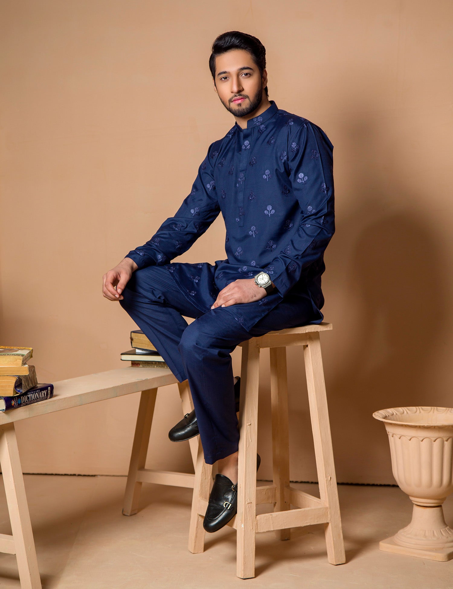 Dark Blue Embroidered Wash & Wear Kurta (2-Piece) - Image 2