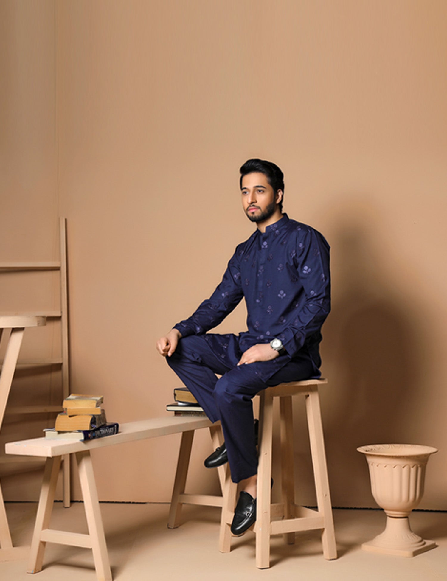 Dark Blue Embroidered Wash & Wear Kurta (2-Piece) - Image 3