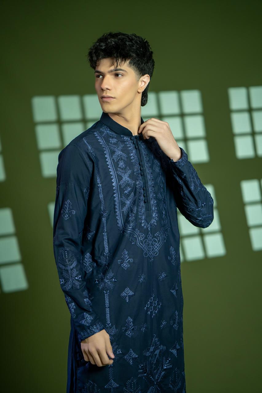 Navy Blue Embroidered Wash & Wear Kurta (2-Piece) - Image 4