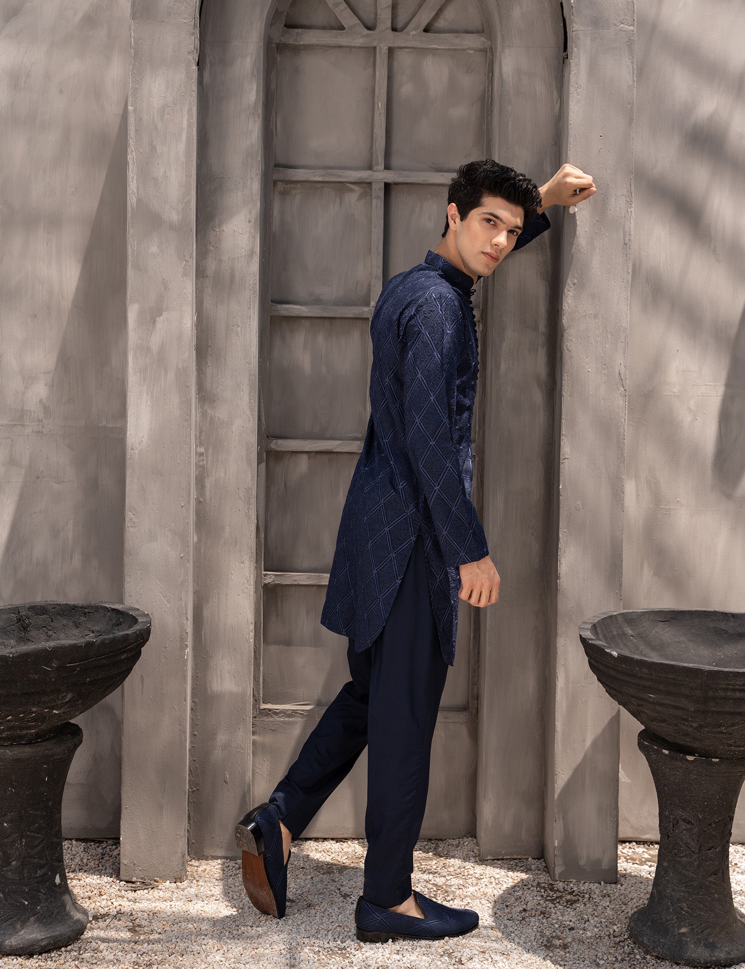 Navy Blue Embroidered Wash & Wear Kurta Pajama (2-Piece) - Image 2