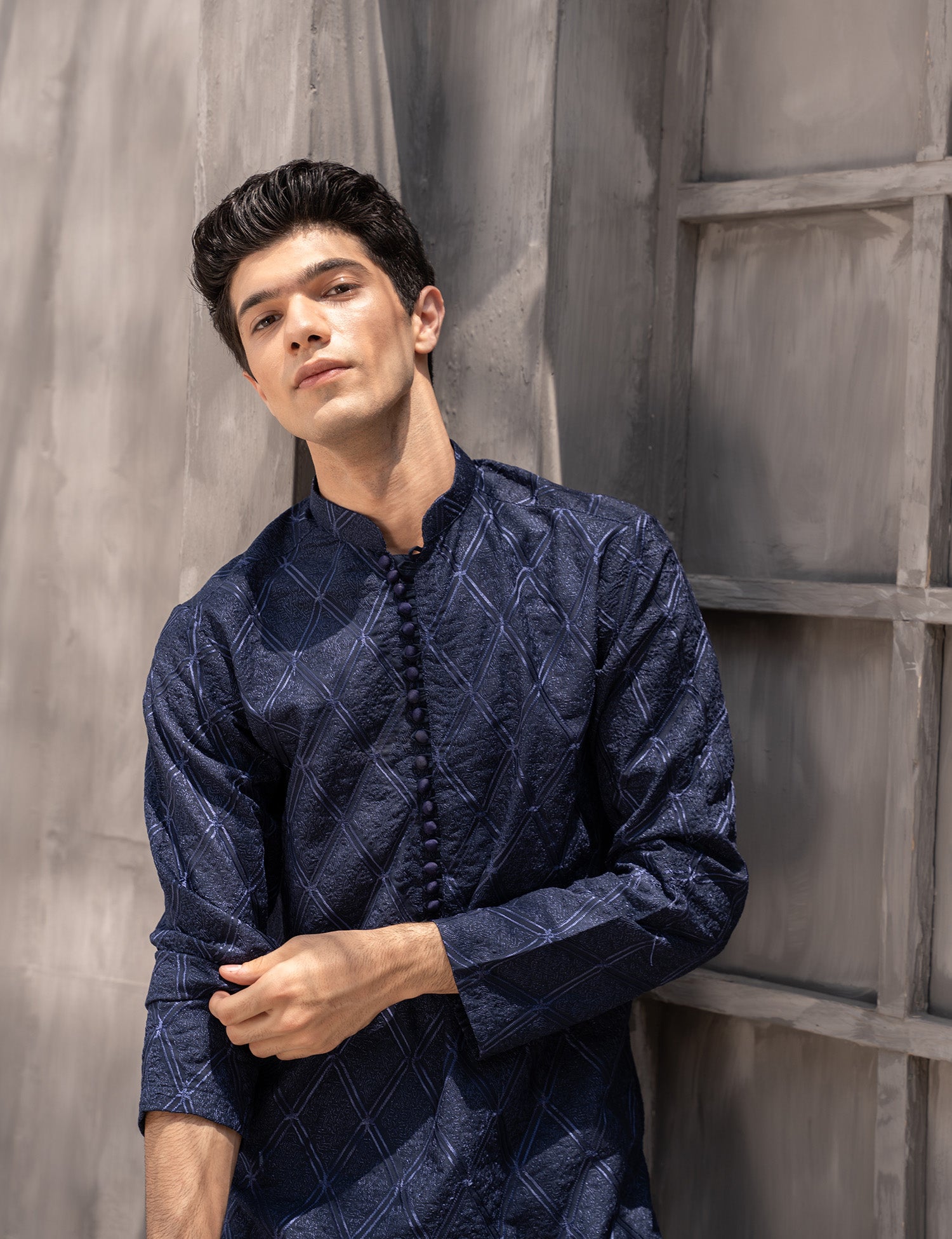 Navy Blue Embroidered Wash & Wear Kurta Pajama (2-Piece) - Image 4