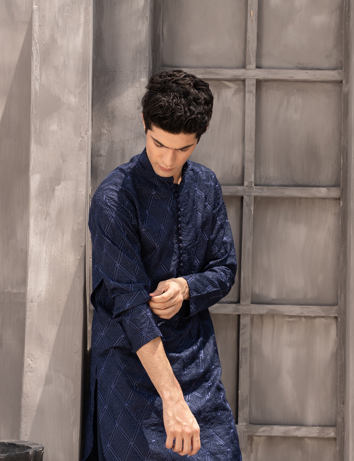 Navy Blue Embroidered Wash & Wear Kurta Pajama (2-Piece) - Image 5