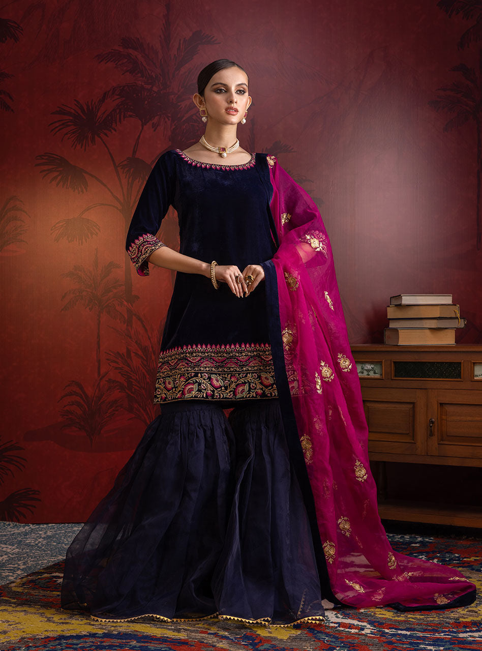 Deep Navy Embroidered Velvet Gharara (3-Piece) - Image 1