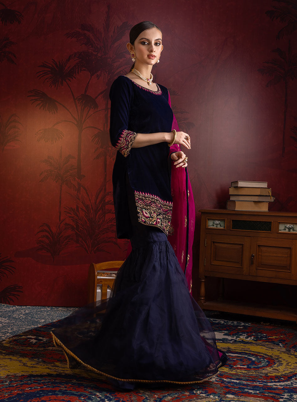 Deep Navy Embroidered Velvet Gharara (3-Piece) - Image 10