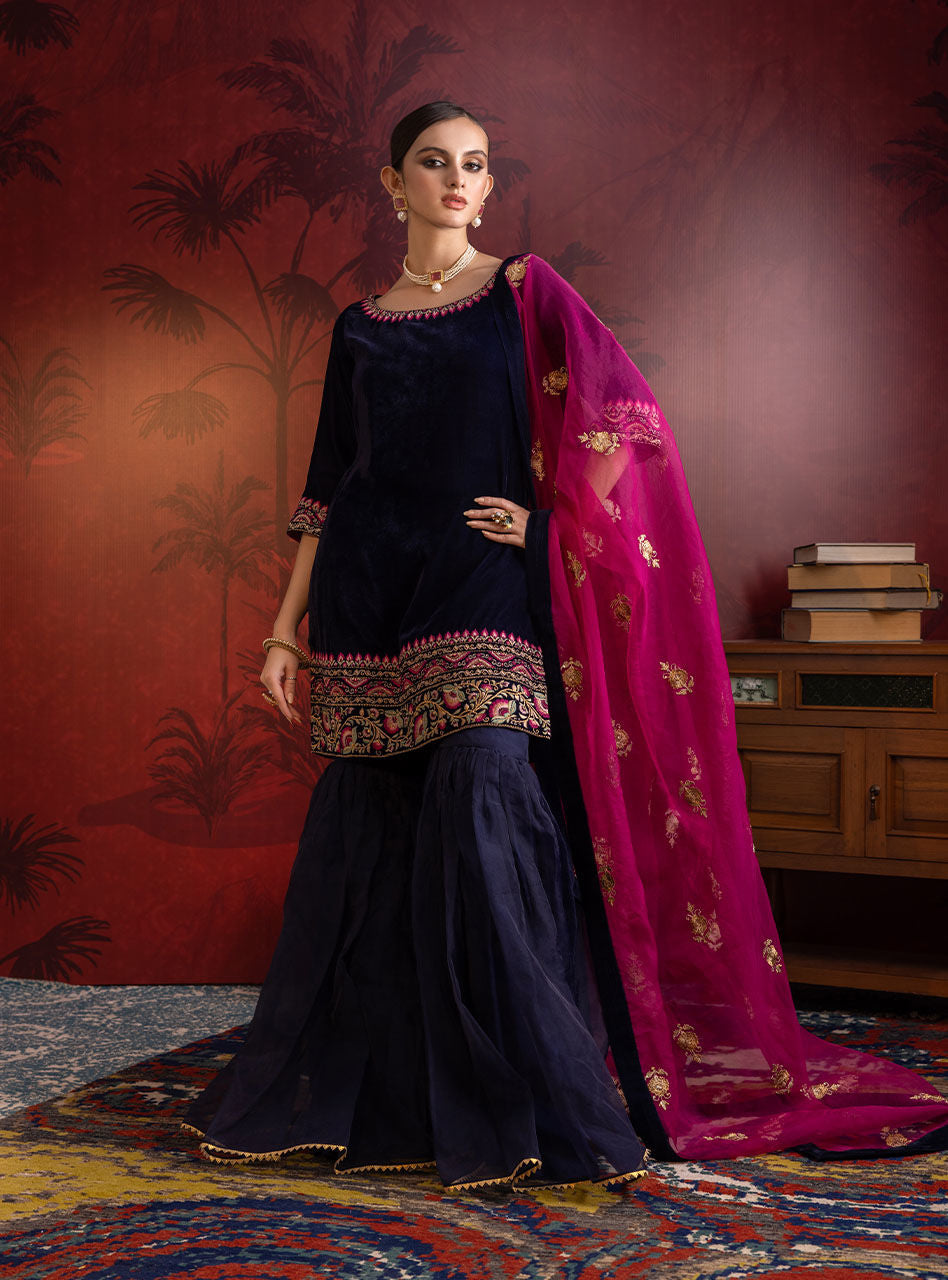 Deep Navy Embroidered Velvet Gharara (3-Piece) - Image 2