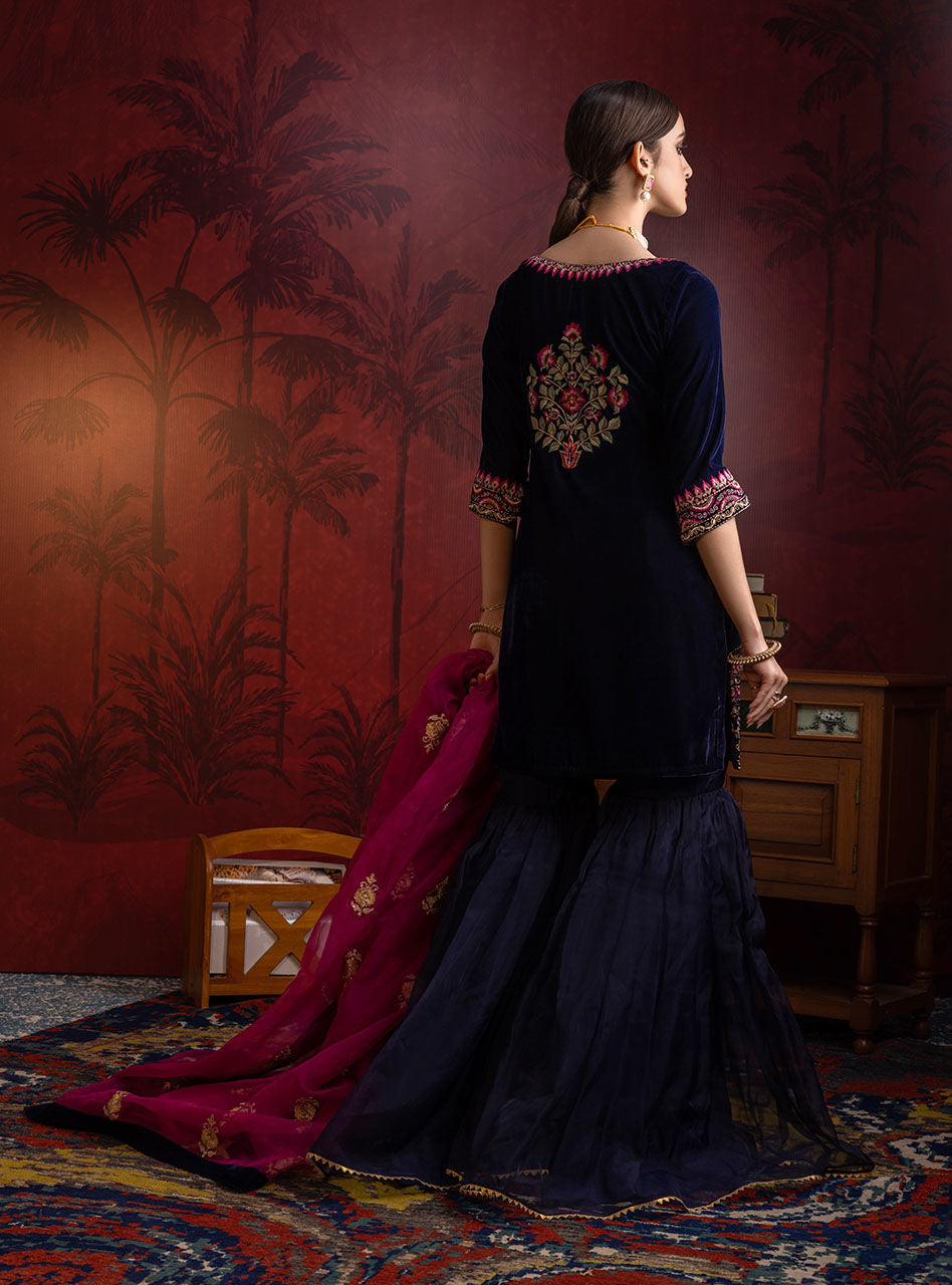 Deep Navy Embroidered Velvet Gharara (3-Piece) - Image 3