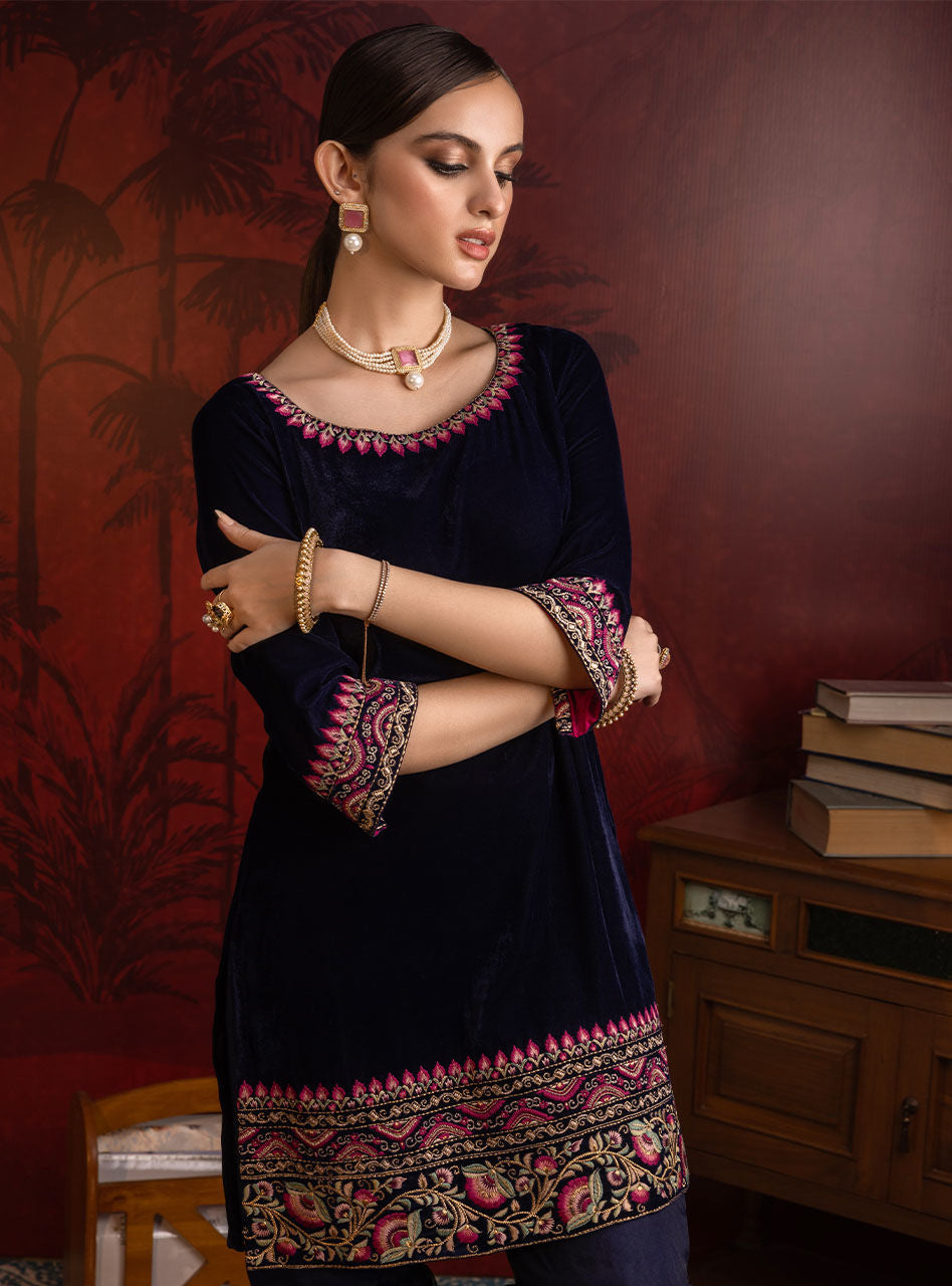 Deep Navy Embroidered Velvet Gharara (3-Piece) - Image 4