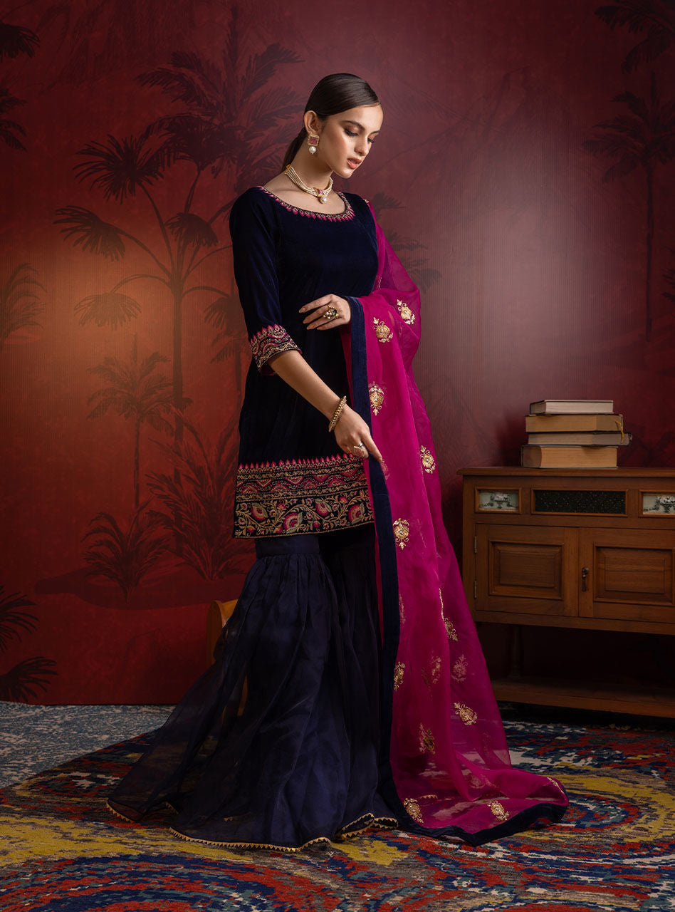 Deep Navy Embroidered Velvet Gharara (3-Piece) - Image 5