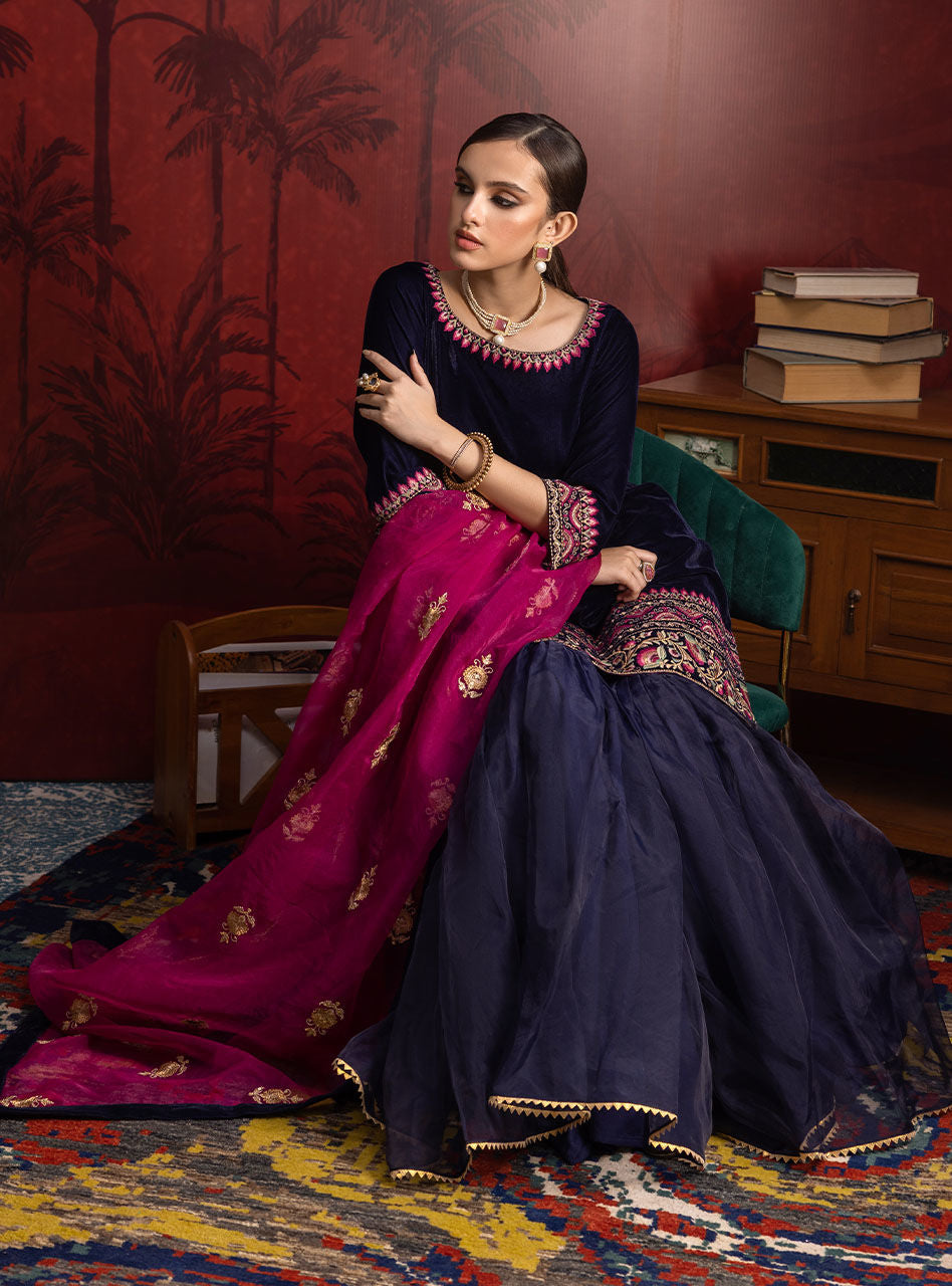 Deep Navy Embroidered Velvet Gharara (3-Piece) - Image 6
