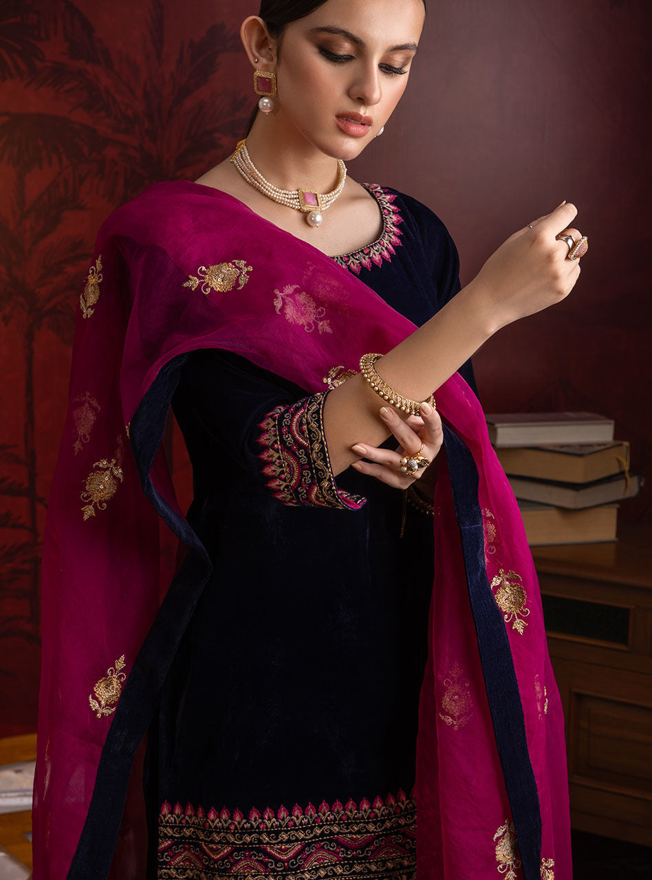 Deep Navy Embroidered Velvet Gharara (3-Piece) - Image 7