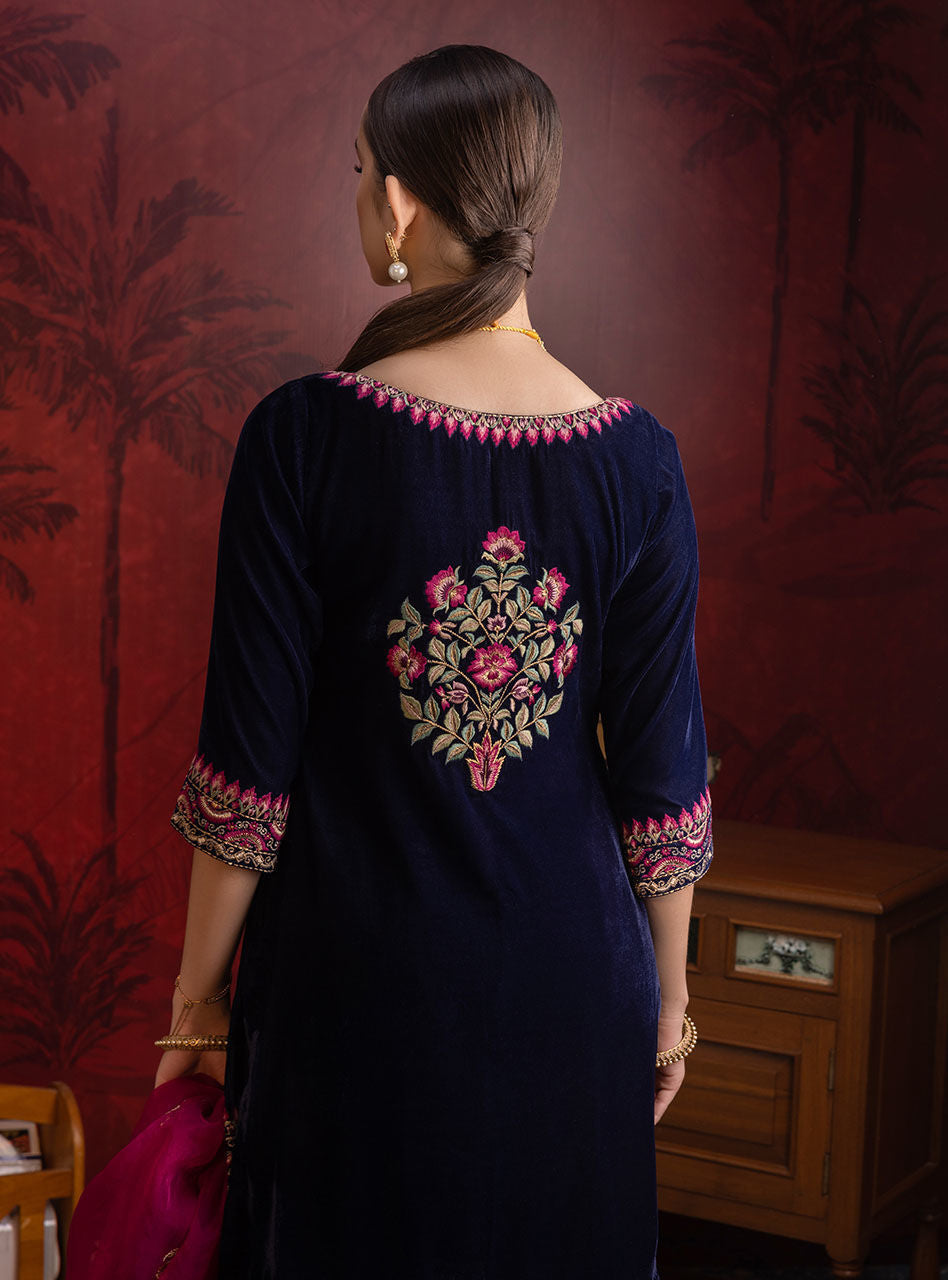 Deep Navy Embroidered Velvet Gharara (3-Piece) - Image 8