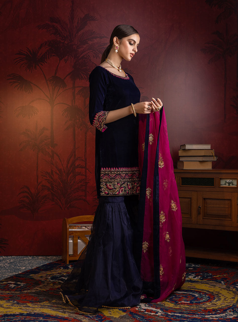 Deep Navy Embroidered Velvet Gharara (3-Piece) - Image 9