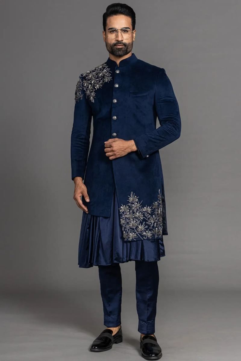 Dark Navy Cutdana Zardosi Suede Sherwani (3-Piece) - Image 1