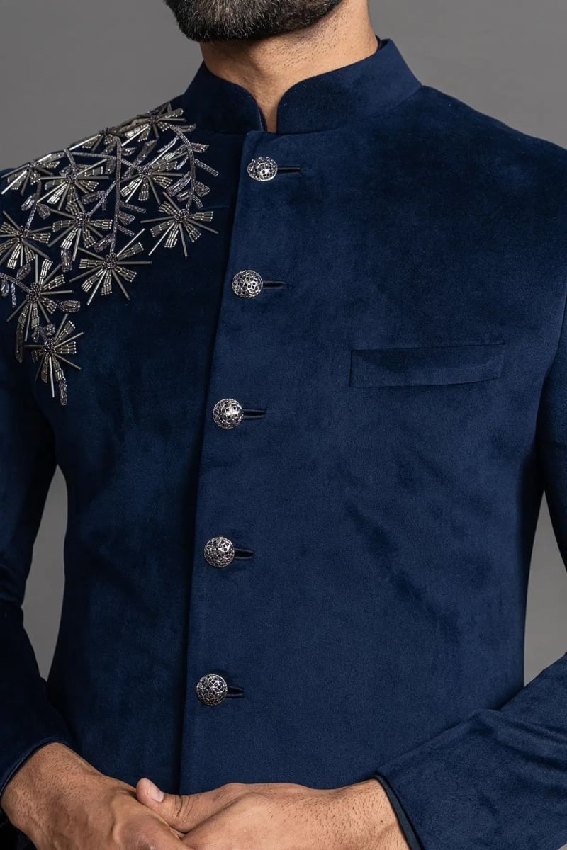 Dark Navy Cutdana Zardosi Suede Sherwani (3-Piece) - Image 2