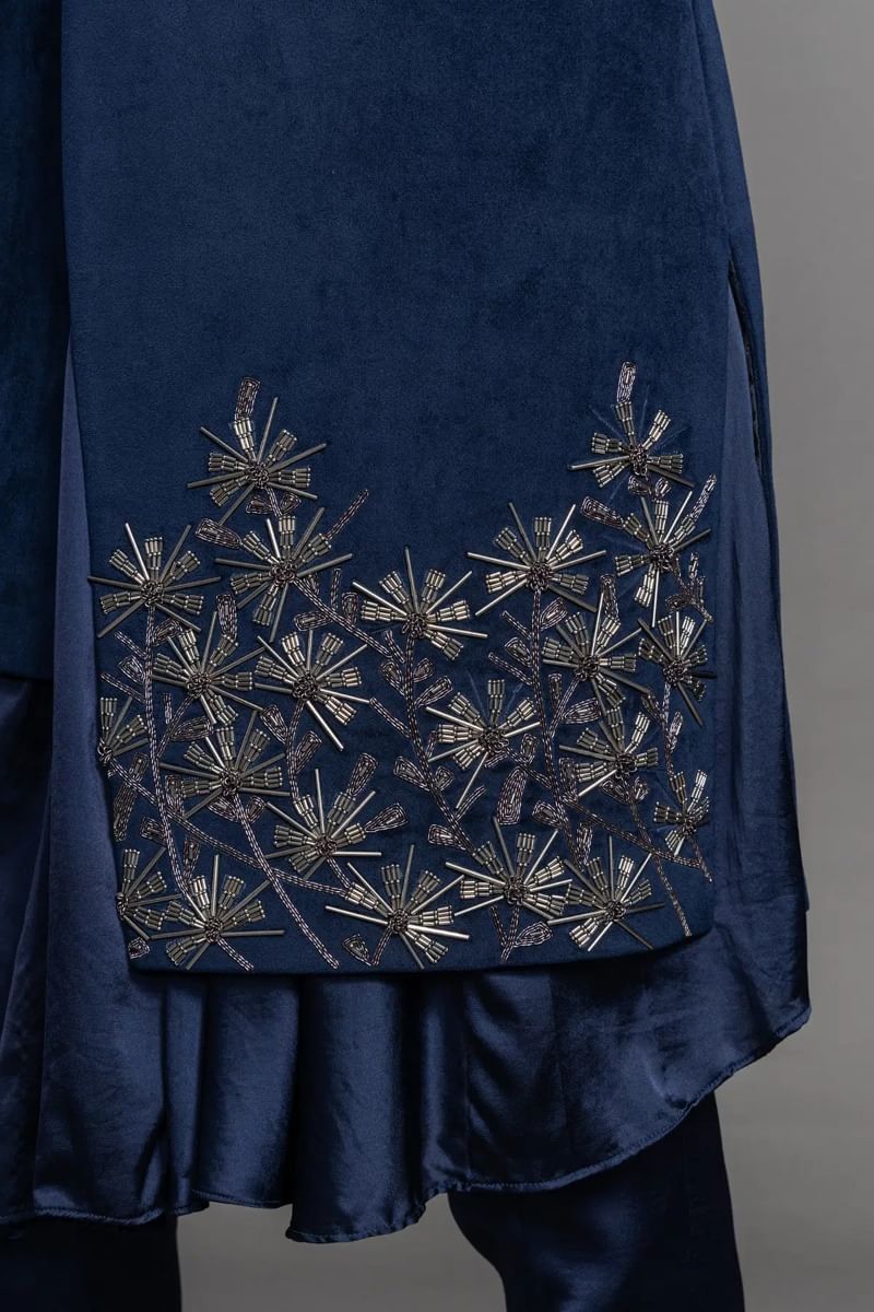 Dark Navy Cutdana Zardosi Suede Sherwani (3-Piece) - Image 3